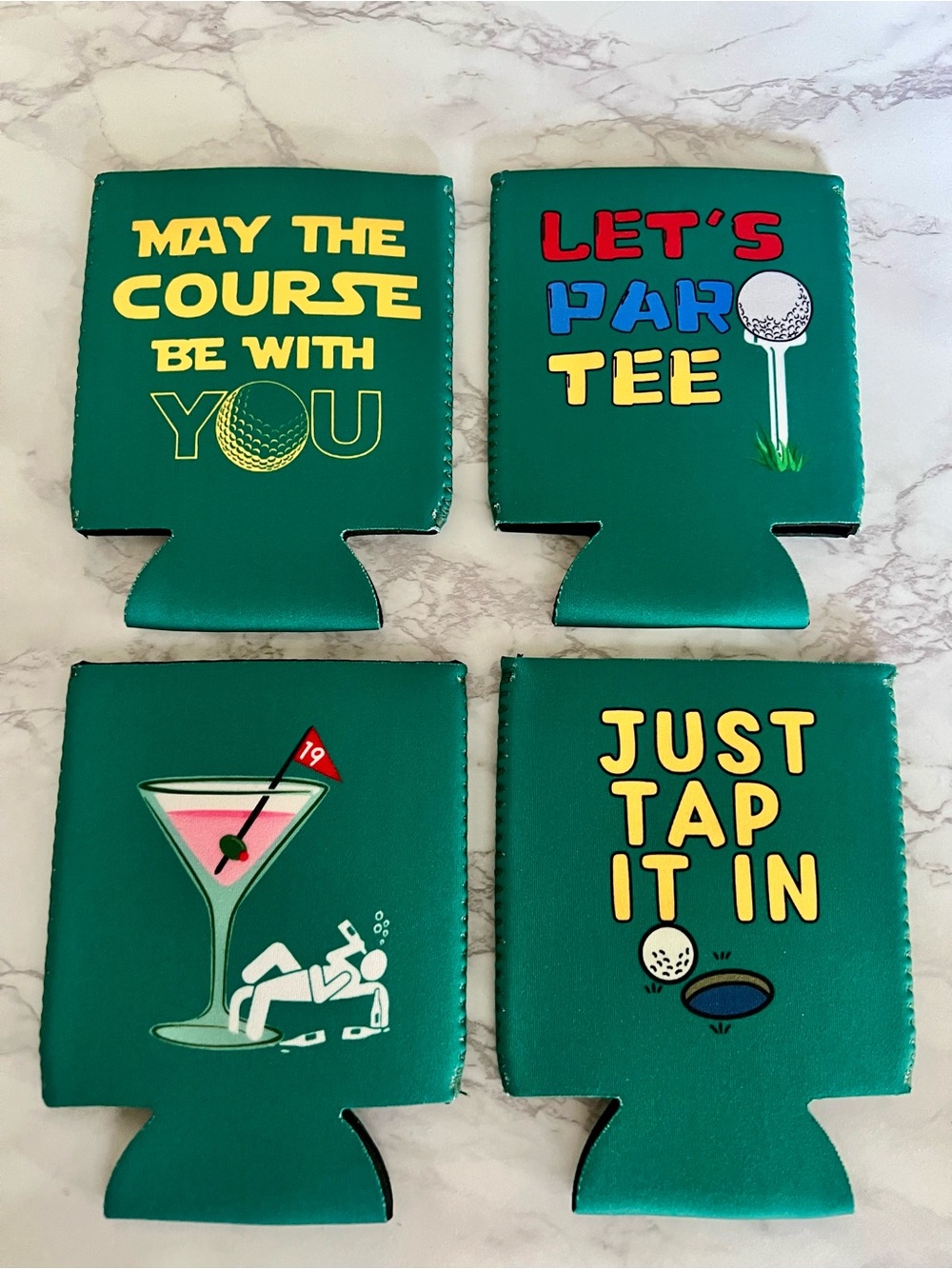 Funny Golf Can Koozies - Teal Green Set of 4 brand new